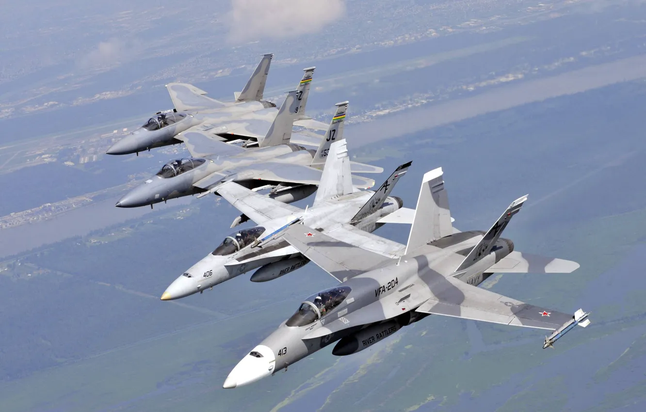 Фото обои полет, истребители, Eagle, F-15, Hornet, F-18, парами