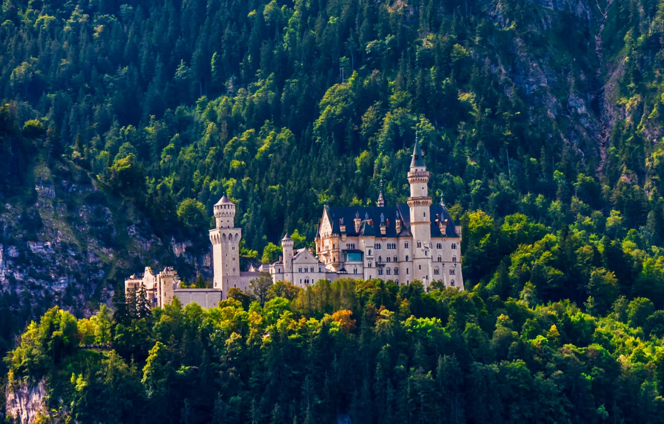 Фото обои Горы, Деревья, Германия, Замок, Бавария, Germany, Нойшванштайн, Bavaria