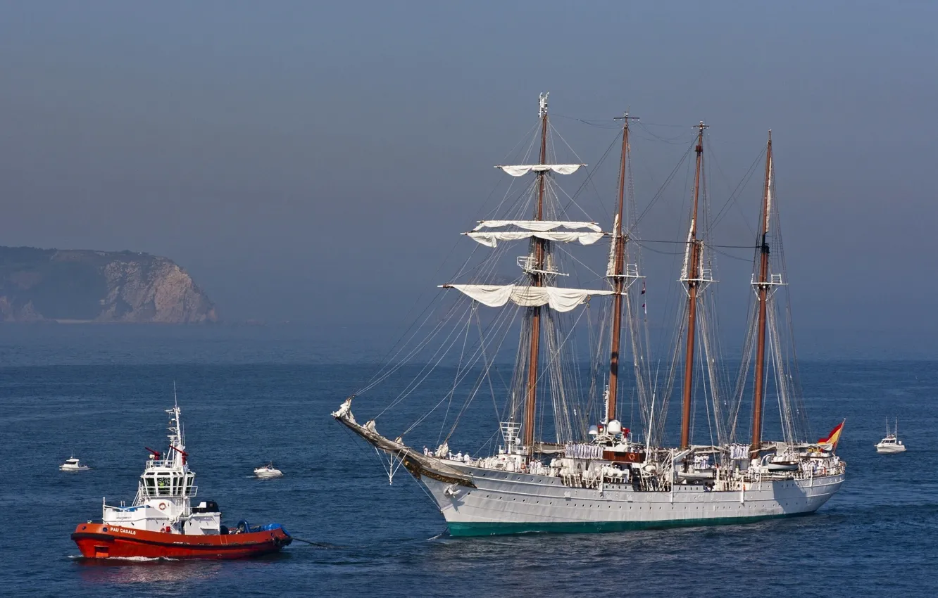Фото обои море, парусник, буксир, катера, шхуна, Juan Sebastián de Elcano
