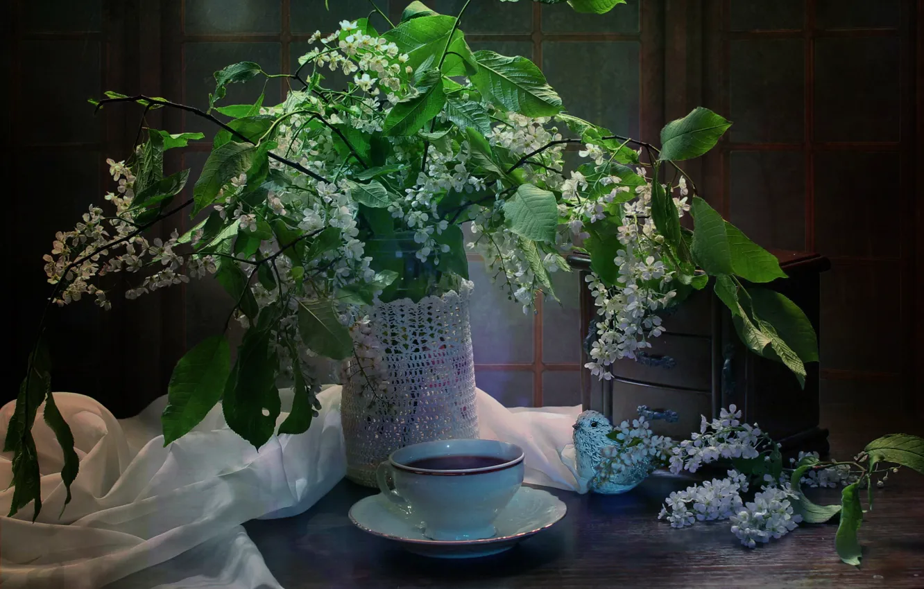 Фото обои цветы, чашка, натюрморт, весна.черемуха