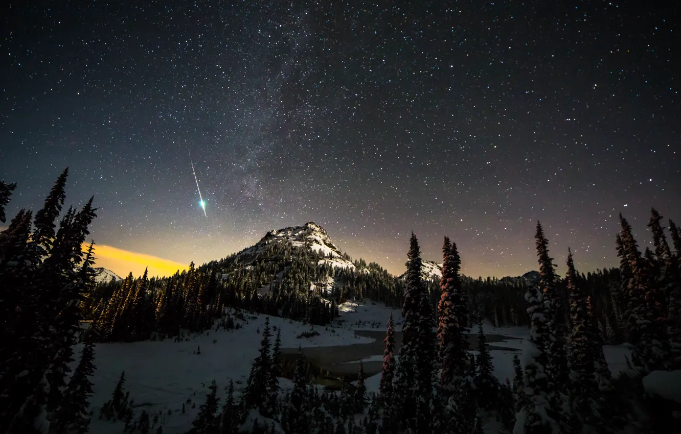 Фото обои зима, лес, звезды, снег, горы, ночь, панорама, Rainier National Park