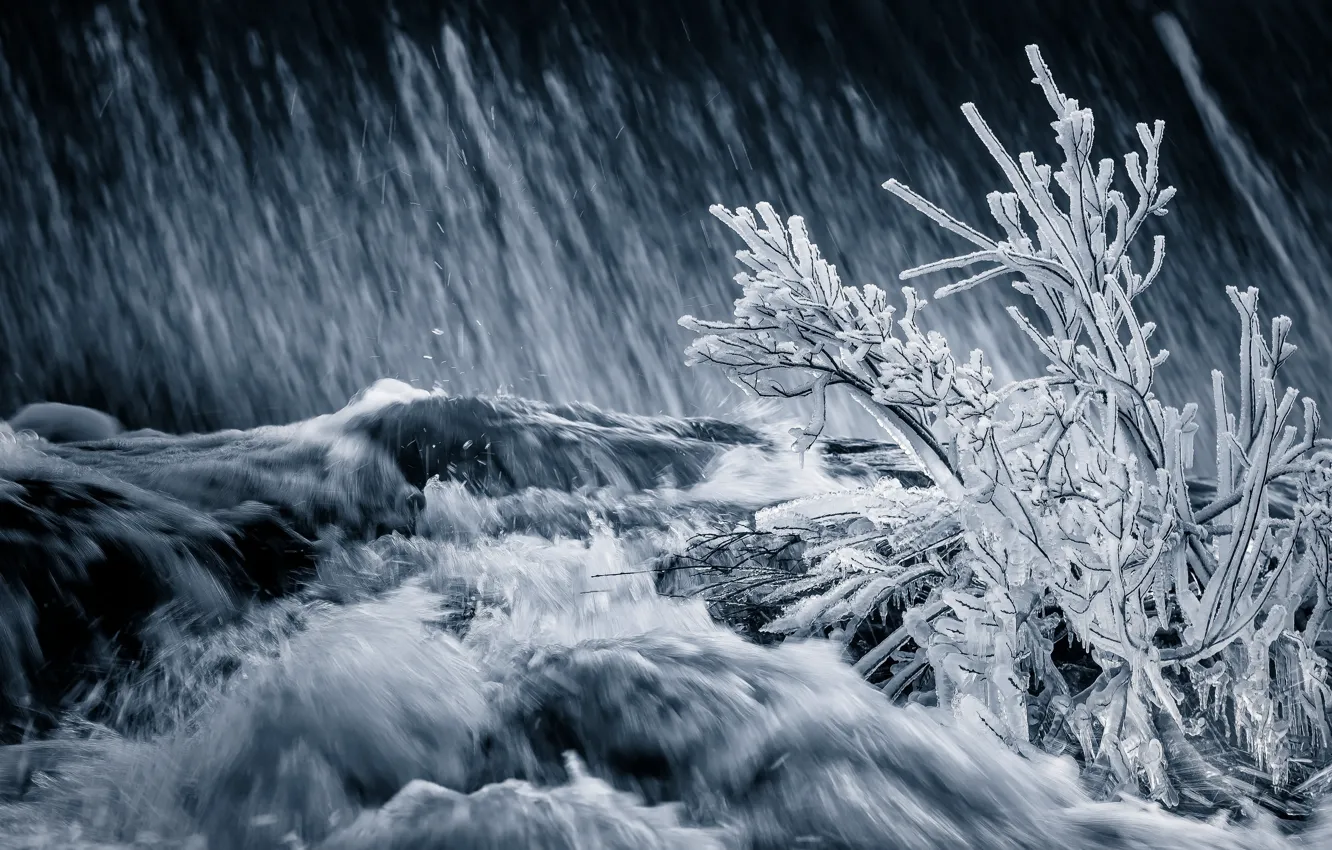 Фото обои зима, река, лёд, поток