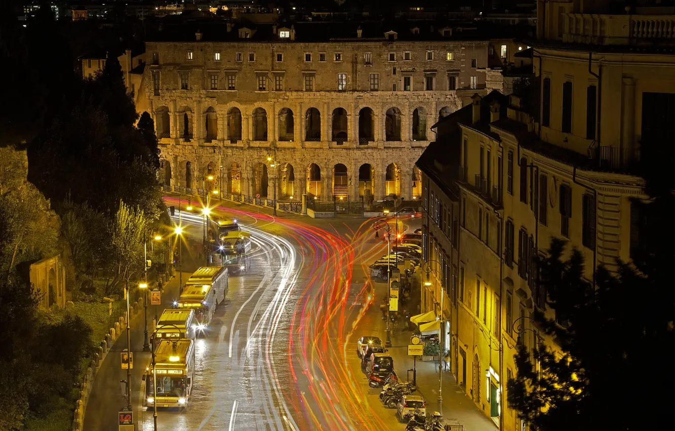 Фото обои ночь, огни, Рим, Италия, театр Марцелла