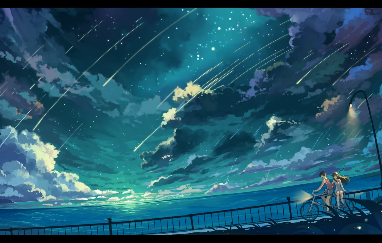 Фото обои небо, девушка, звезды, облака, пейзаж, природа, велосипед, океан