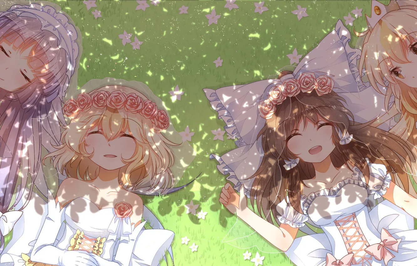 Фото обои трава, радость, тень, бант, фата, touhou, art, alice margatroid