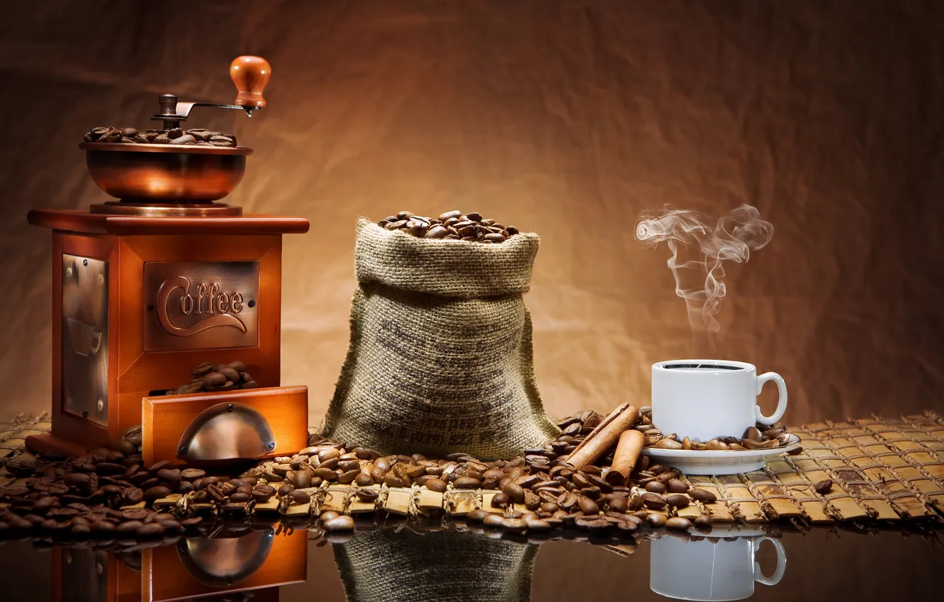 Фото обои кофе, корица, кофейные зерна, аромат, кофемолка