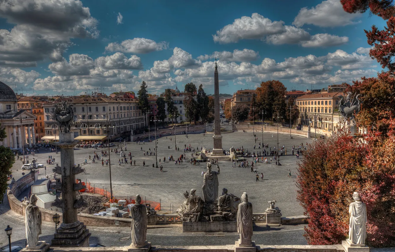 Фото обои дома, Рим, Италия, фонтан, мостовая, обелиск, Пьяцца-дель-Пополо, народная площадь