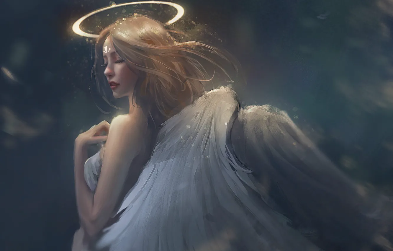Фото обои сияние, серый фон, нимб, angel, оперение, закрытые глаза, белые крылья, вполоборота