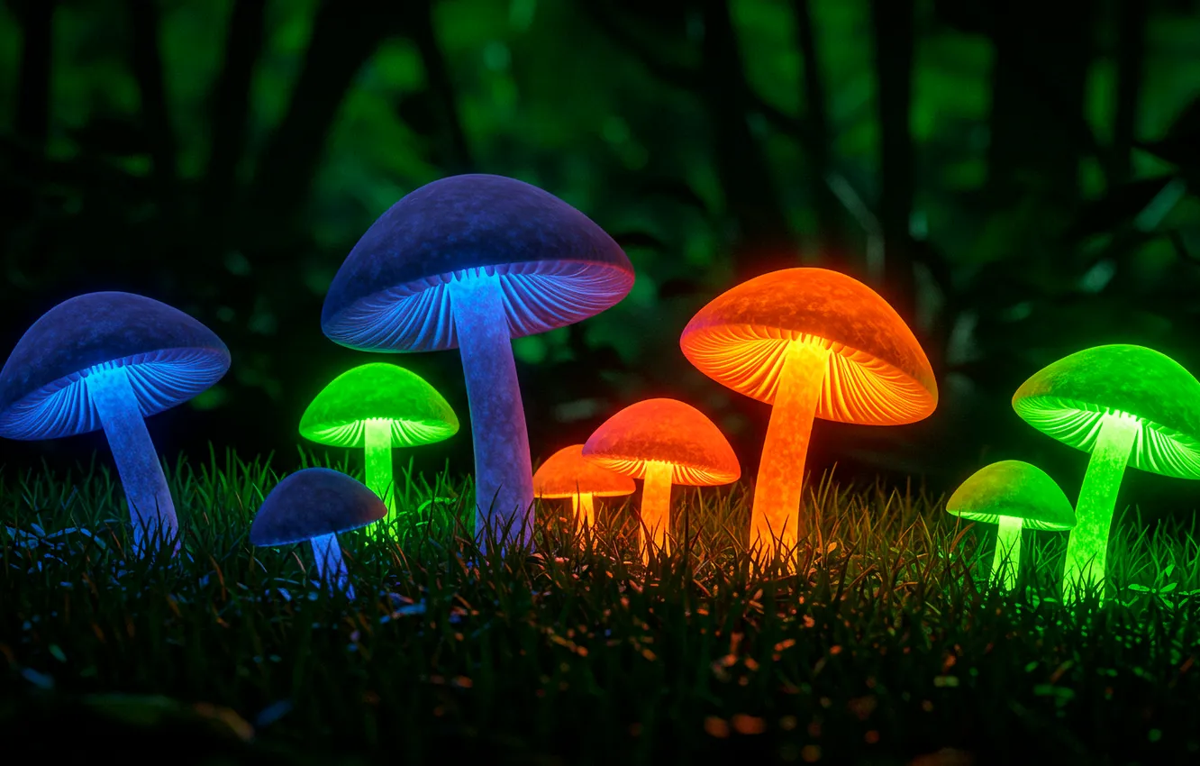 Фото обои трава, ночь, грибы, разноцвеные