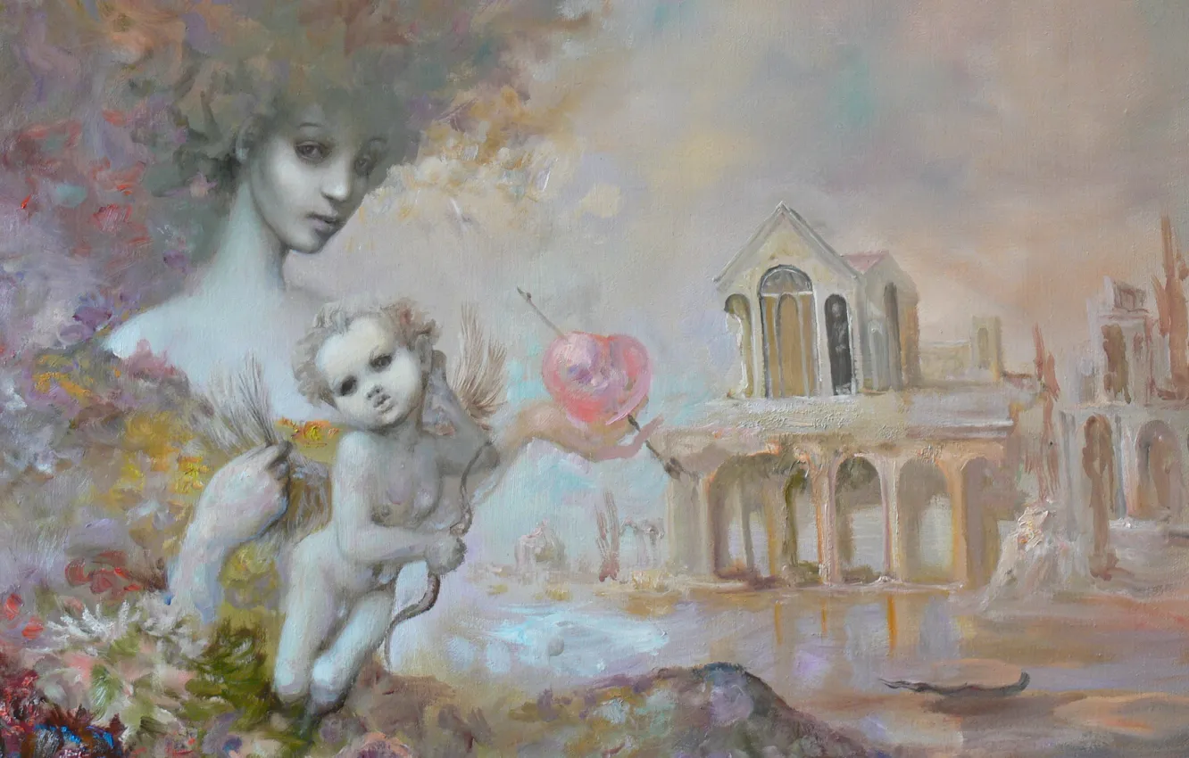 Фото обои сердце, ангел, арка, Сюрреализм, Лазарев И.А, затонувший дом