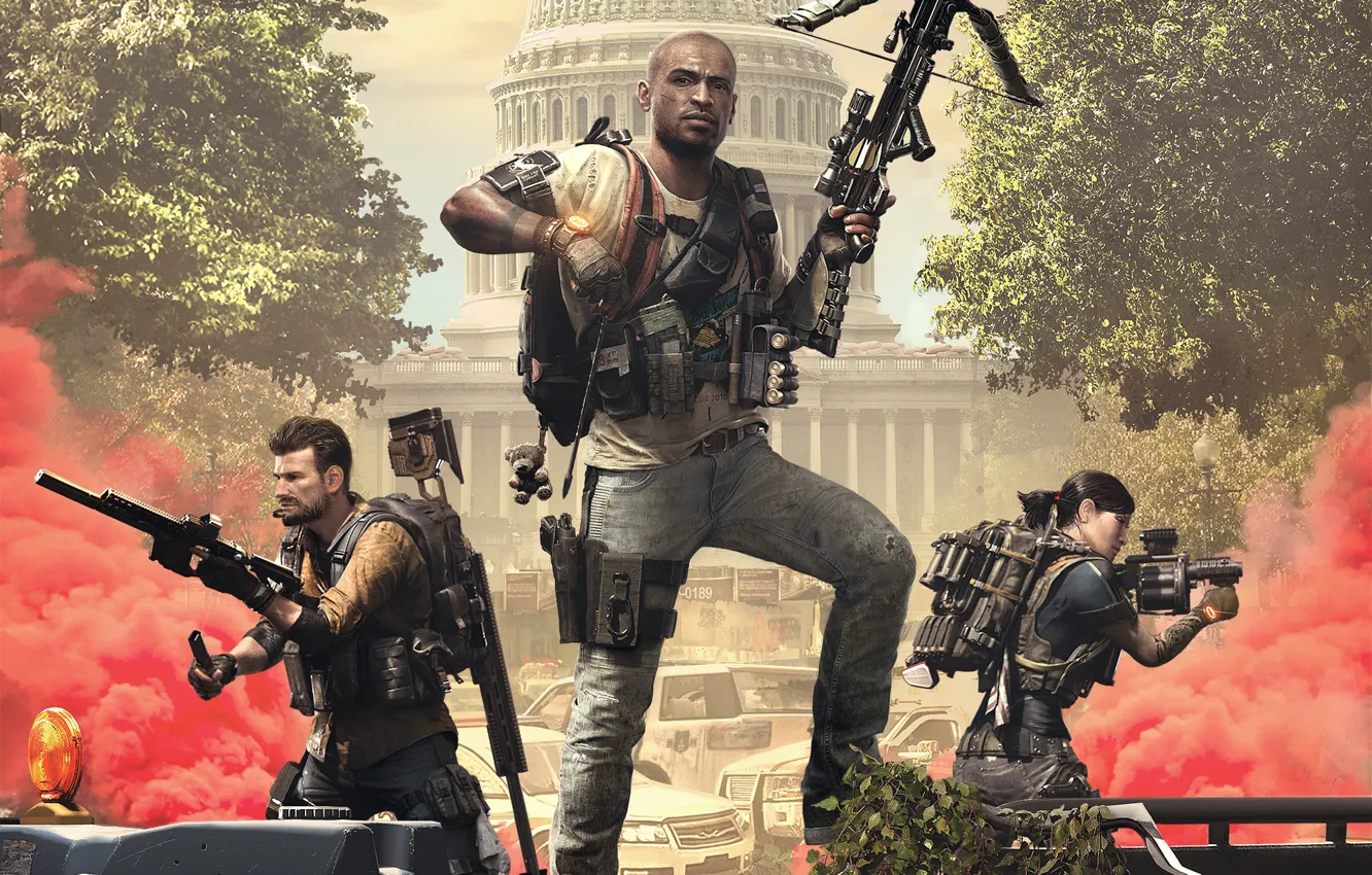Фото обои оружие, Ubisoft, Game, капитолий, арбалет, агенты, пистолет-пулемет, Tom Clancy's The Division 2