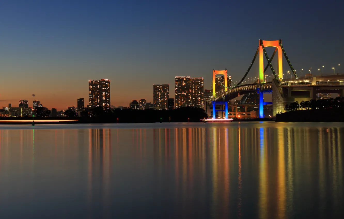 Фото обои мост, город, отражение, Япония, Токио, панорама, Tokyo, Japan