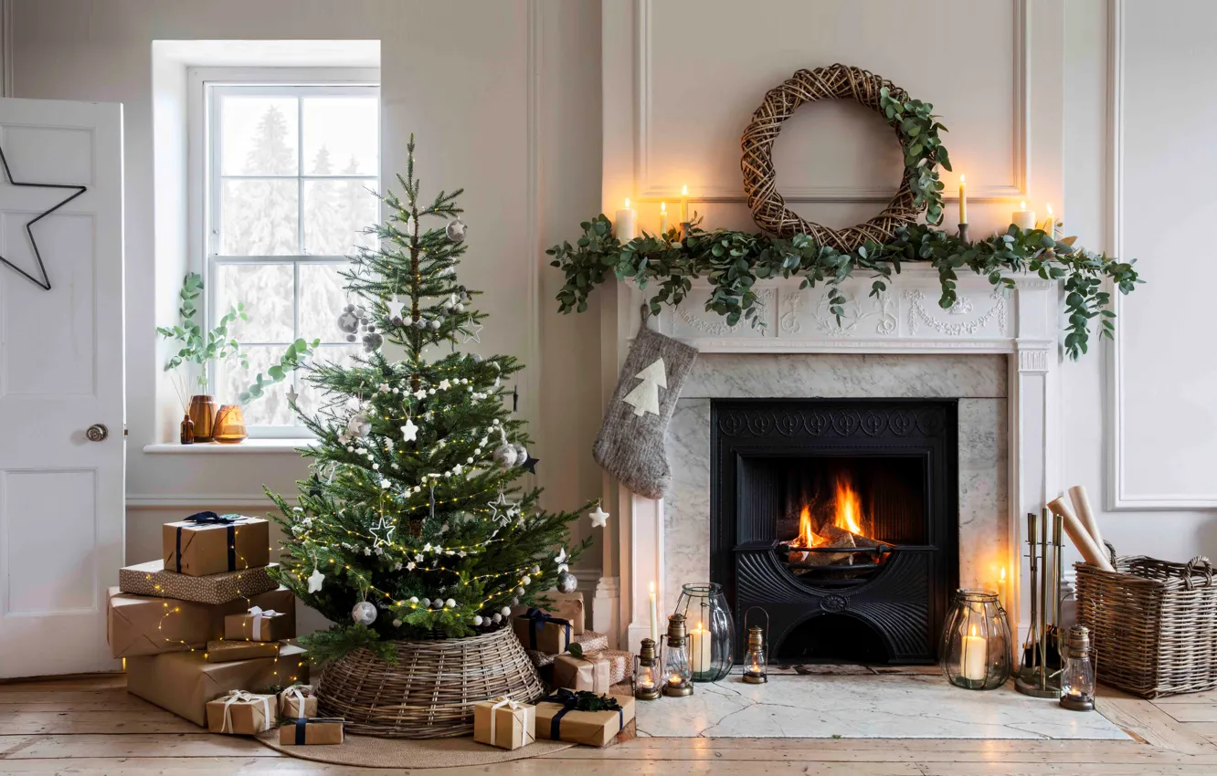 Фото обои Огонь, Елка, Камин, Christmas Tree, Рождественская елка, Ultra-elegant Christmas decor, Ультра-элегантный рождественский декор, Захватывающая рождественская …
