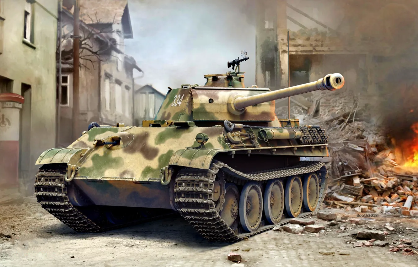 Фото обои огонь, дым, кирпич, развалины, танк, поздний, средний, Panther Ausf.G