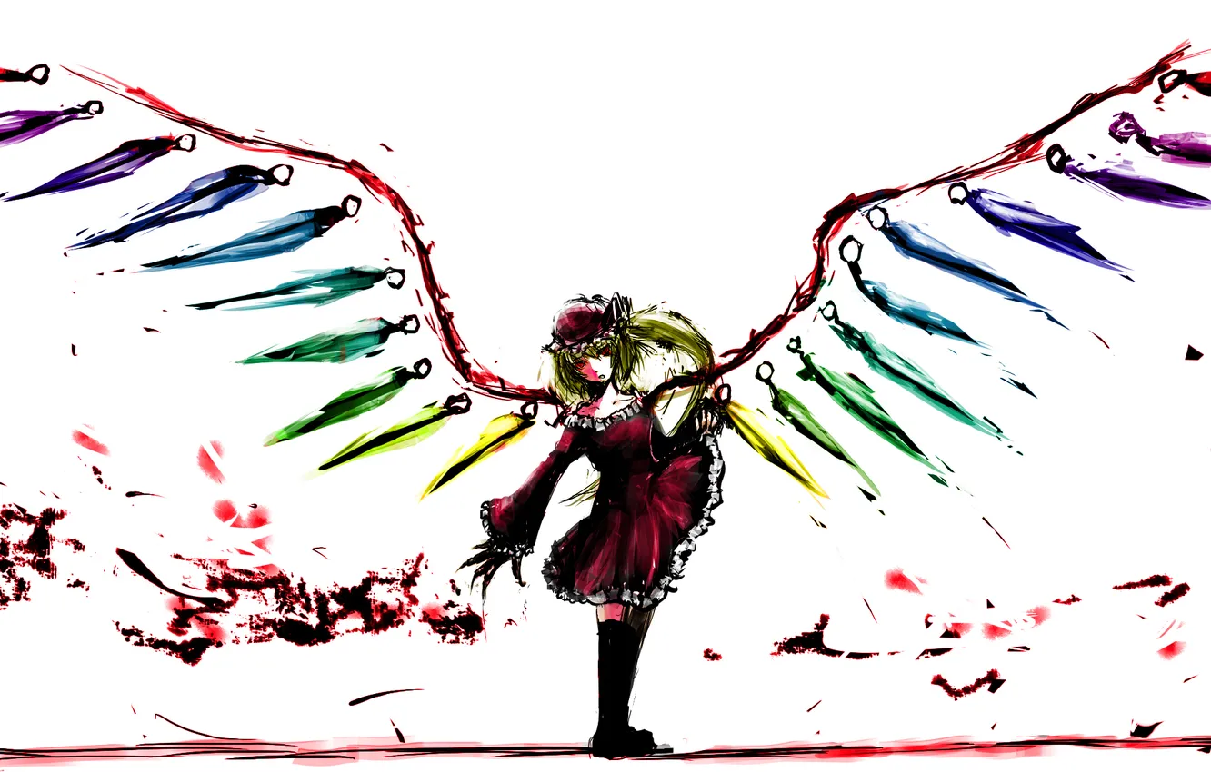 Фото обои девушка, кровь, крылья, демон, арт, кристаллы, чепчик, touhou