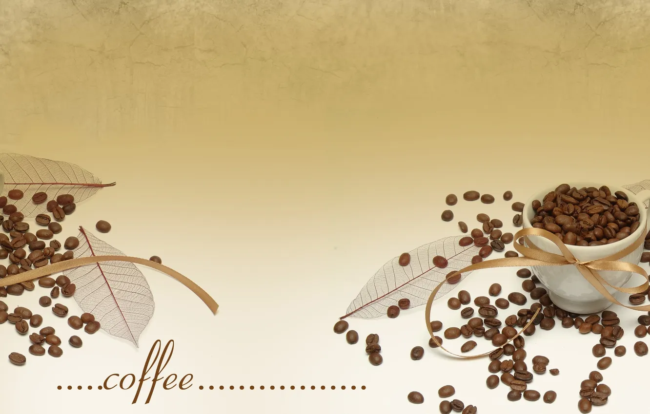 Фото обои надпись, кофе, кофейные зёрна, листики, ленточки, coffee, кружкf