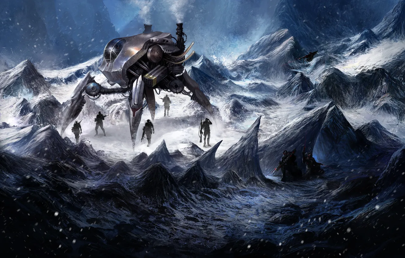 Фото обои снег, горы, робот, солдаты, диверсанты