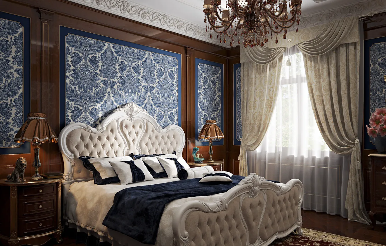 Фото обои интерьер, статуэтка, спальня, помещение, Blue bedroom