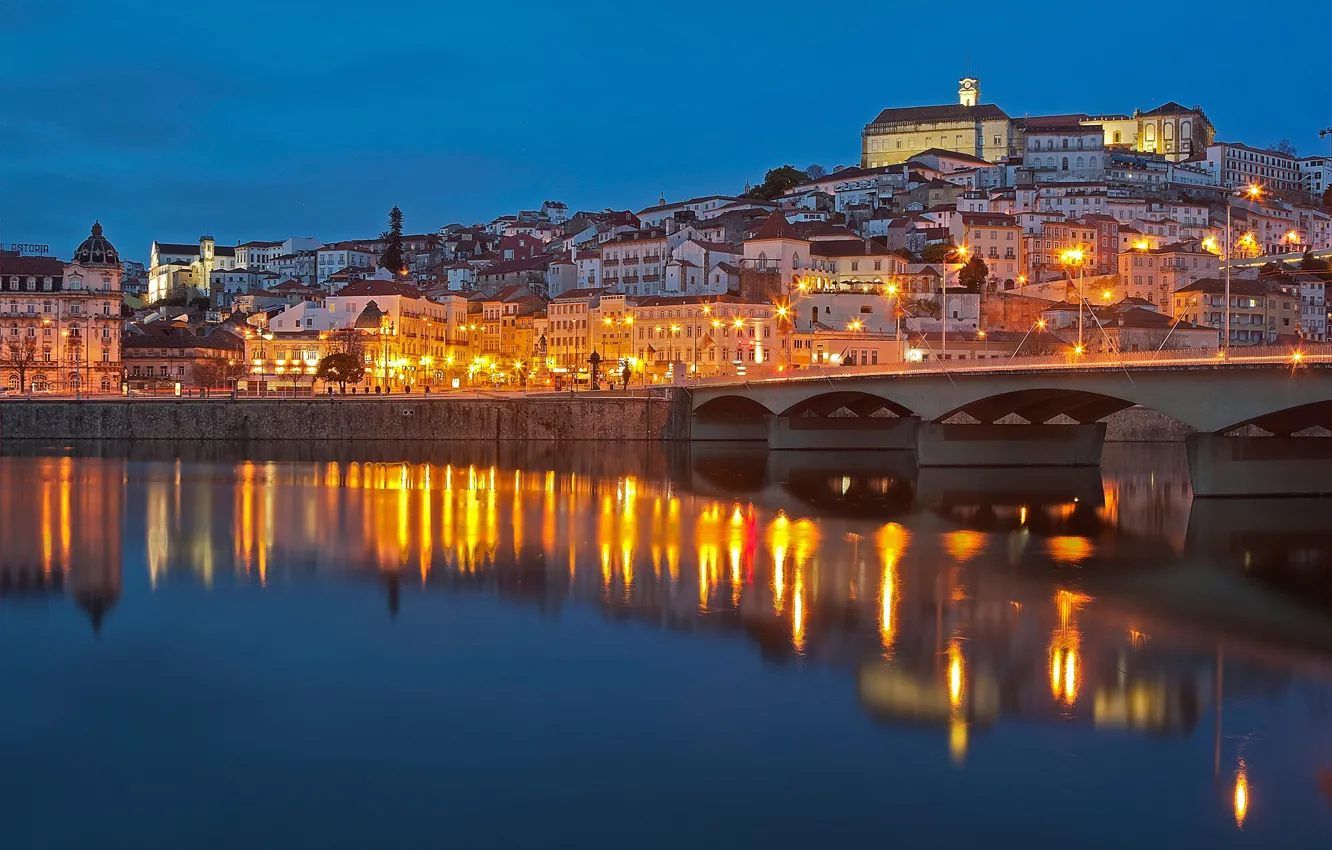 Фото обои мост, река, здания, дома, Португалия, ночной город, Portugal, Coimbra