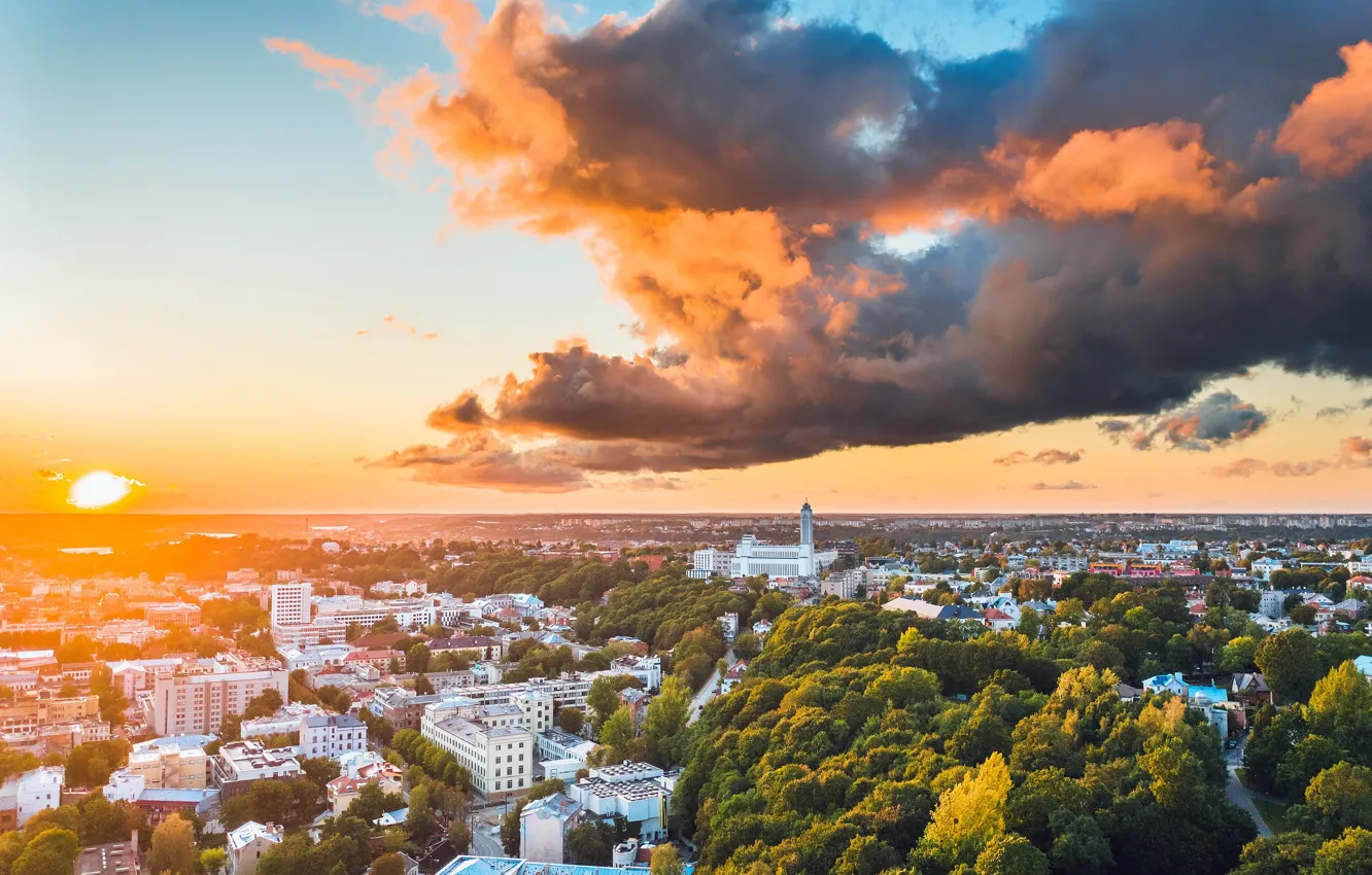 Фото обои закат, город, Lietuva, Kaunas, панограма