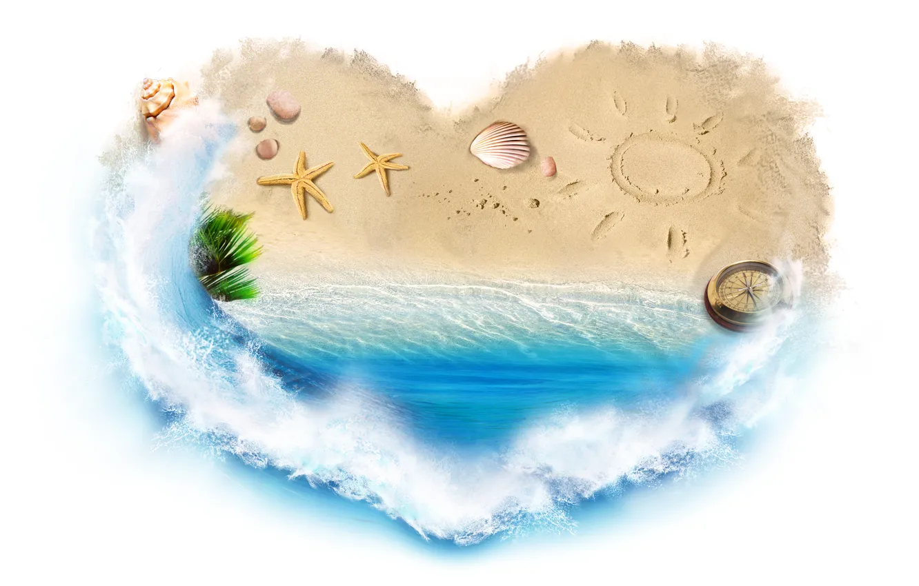 Фото обои песок, море, вода, брызги, креатив, сердце, ракушки, компас