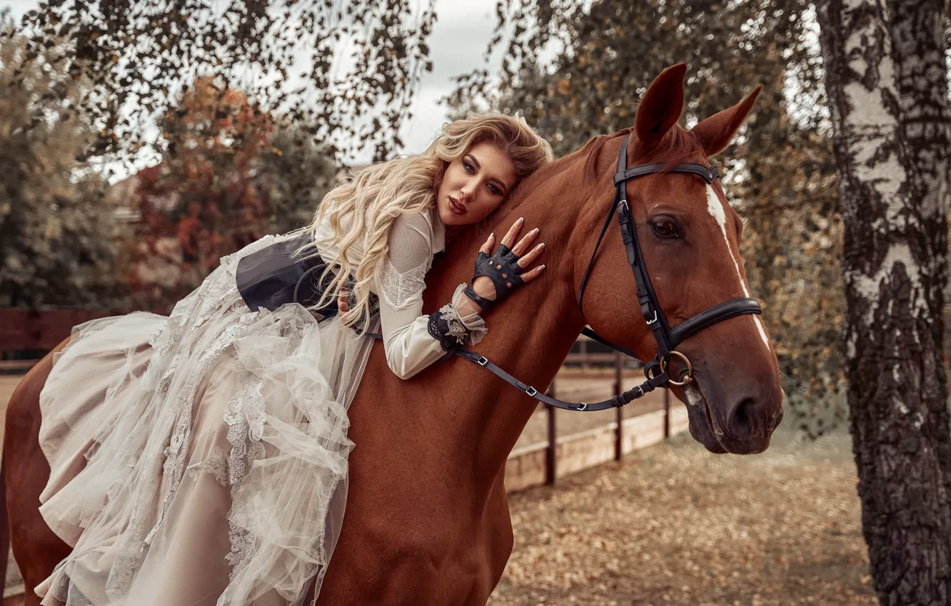 Фото обои девушка, поза, конь, лошадь, платье, наездница, Максим Клипа