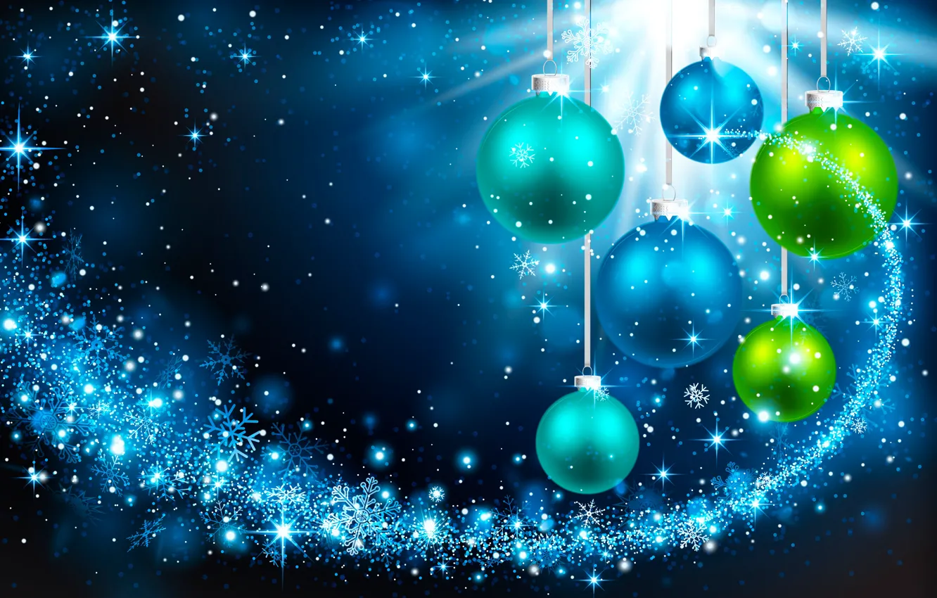 Фото обои снежинки, фон, праздник, шары, вектор, зеленые, Рождество, Новый год