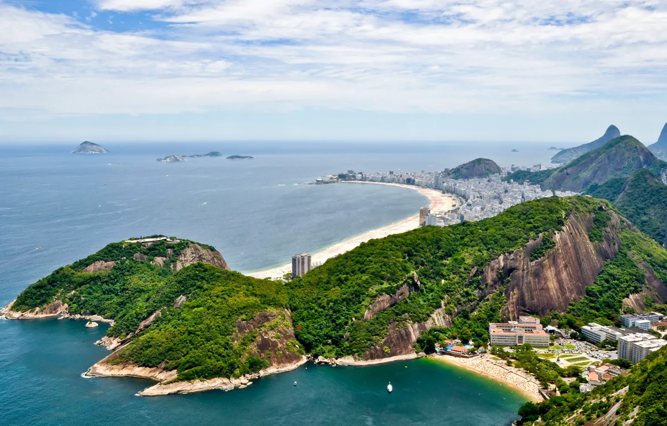 Фото обои sea, mountains, boats, Brazil, Brasil, Rio de Janeiro, islets, Copacabana Beach