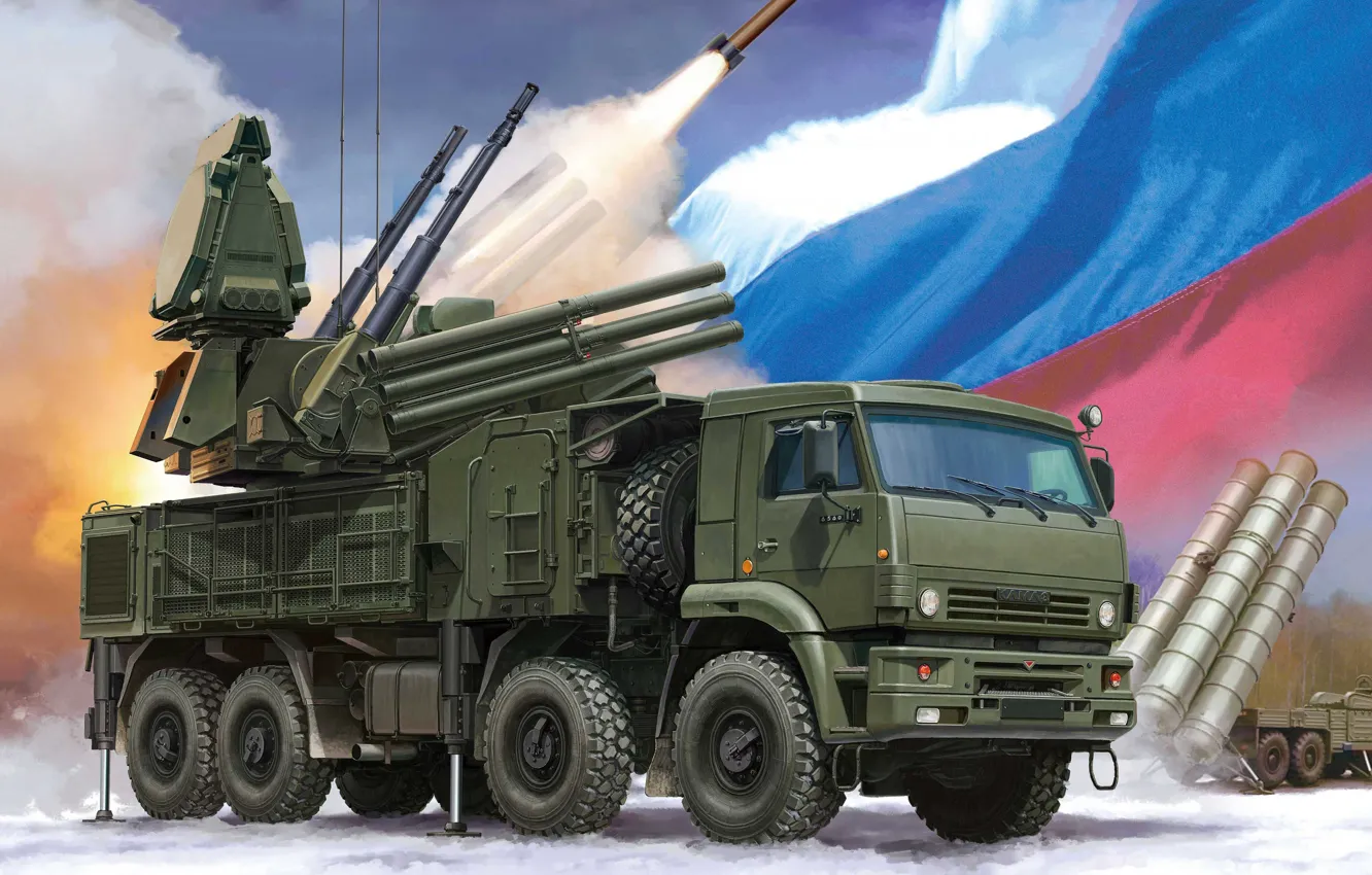 Фото обои car, smoke, military, army, Kamaz, flag, rocket, Russian