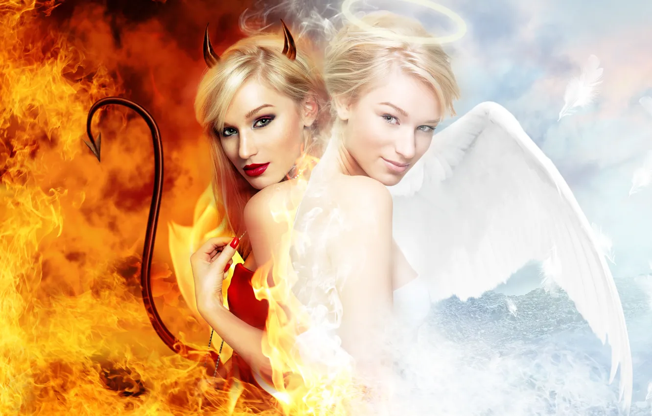 Фото обои девушка, женщина, дьявол, girl, devil, woman, angel, нгел