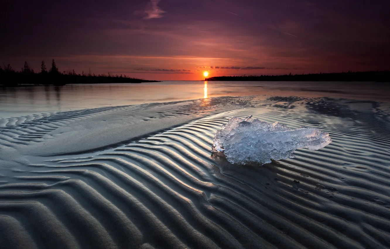 Фото обои песок, вода, закат, лёд