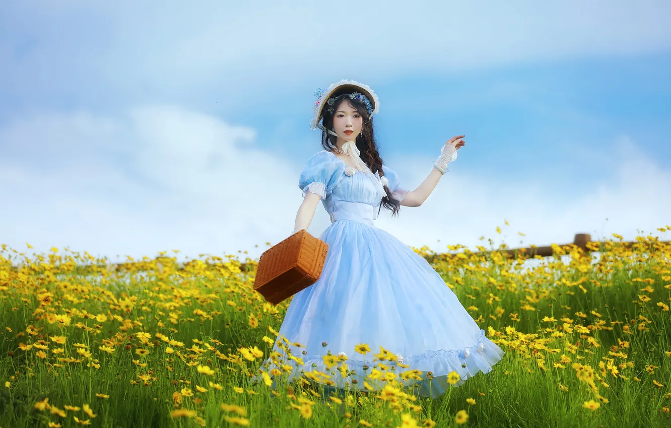 Фото обои Sky, Beautiful, Asian, Model, Flowers, Woman, Hat, Cute