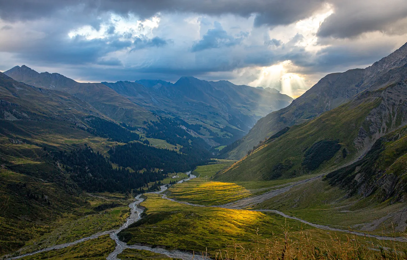 Фото обои Облака, Горы, Швейцария, Альпы, Лучи света, Sardona