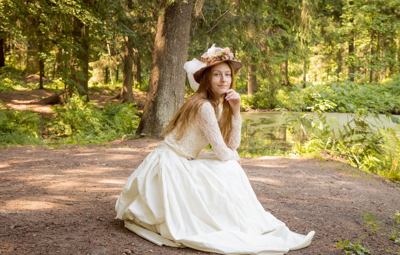 Фото обои forest, long hair, trees, nature, model, countryside, pond, photoshoot