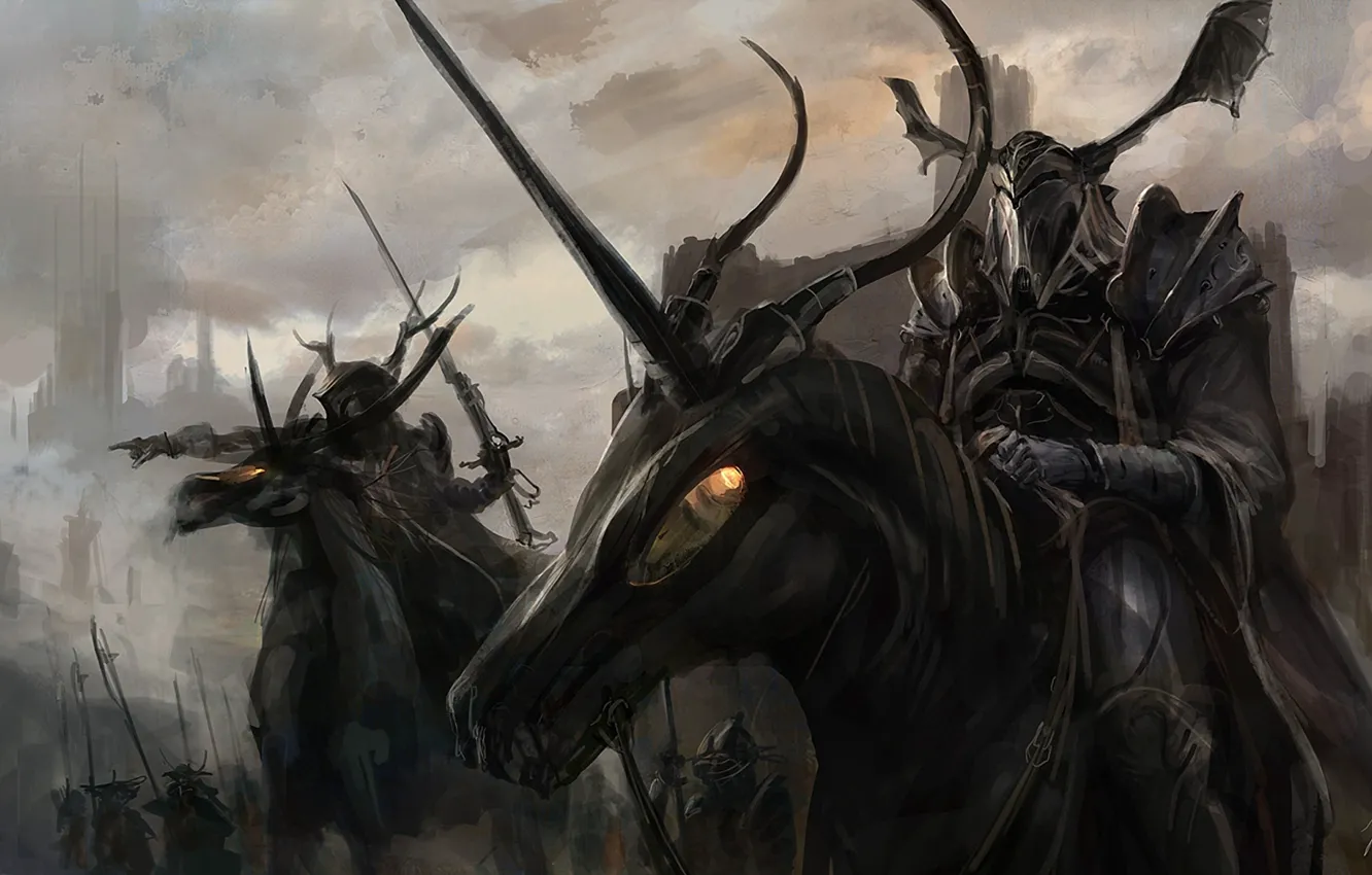 Фото обои кони, доспехи, рога, Рыцари, горящие глаза