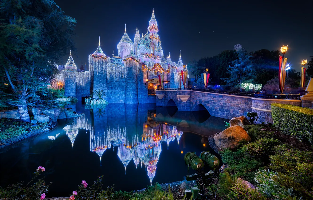 Фото обои мост, пруд, отражение, замок, Калифорния, California, иллюминация, Disneyland