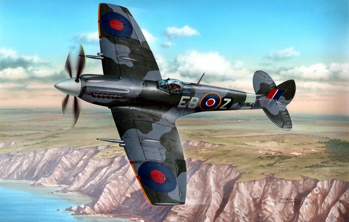 Фото обои war, art, painting, aviation, ww2, Supermarine Spitfire Mk.XII, british fighter