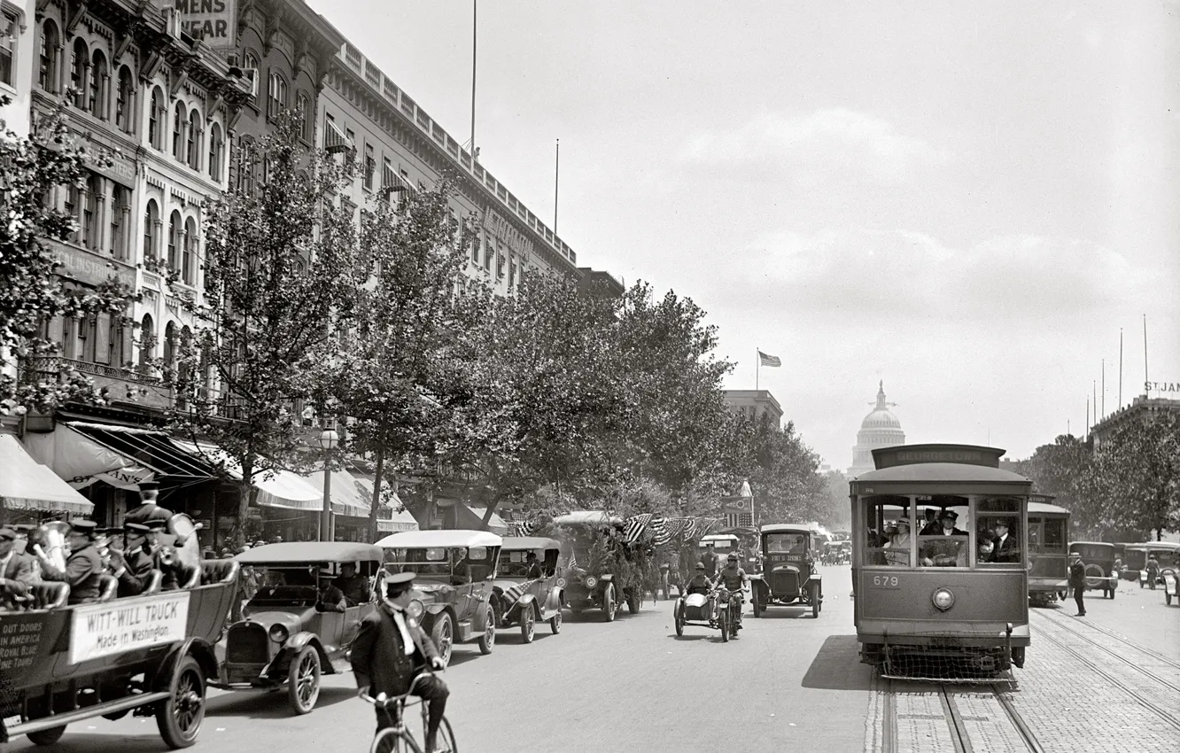Фото обои ретро, улица, Вашингтон, трамвай, США, Капитолий, автомобиль, 1919-й год