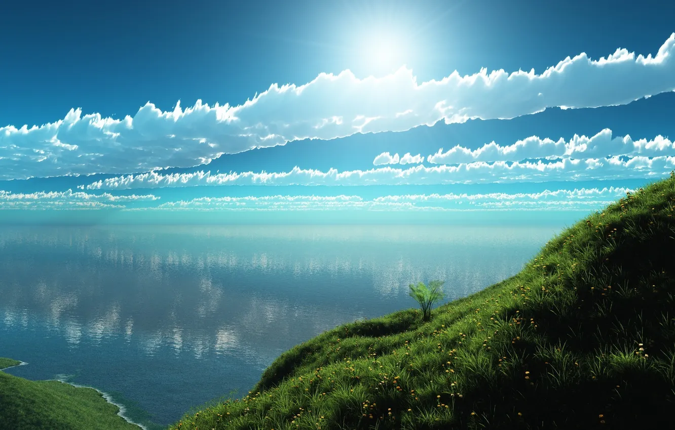 Фото обои трава, облака, озеро, берег