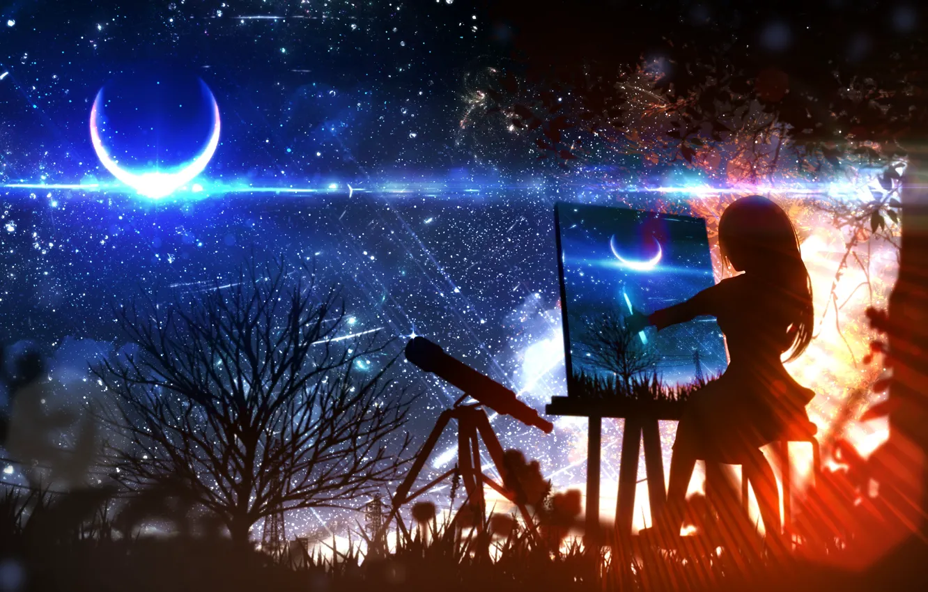 Фото обои девушка, ночь, луна, фэнтези, рисует