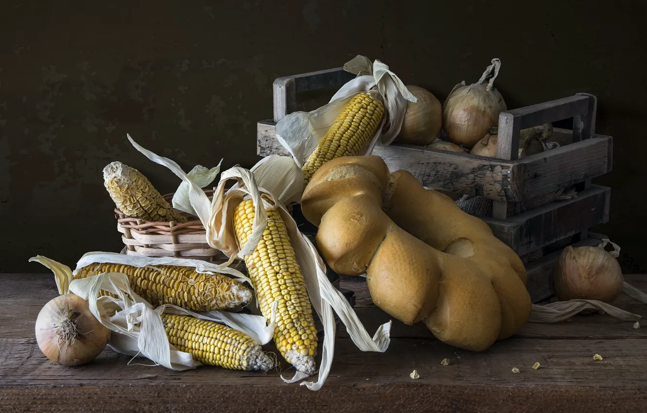 Фото обои кукуруза, хлеб, чеснок