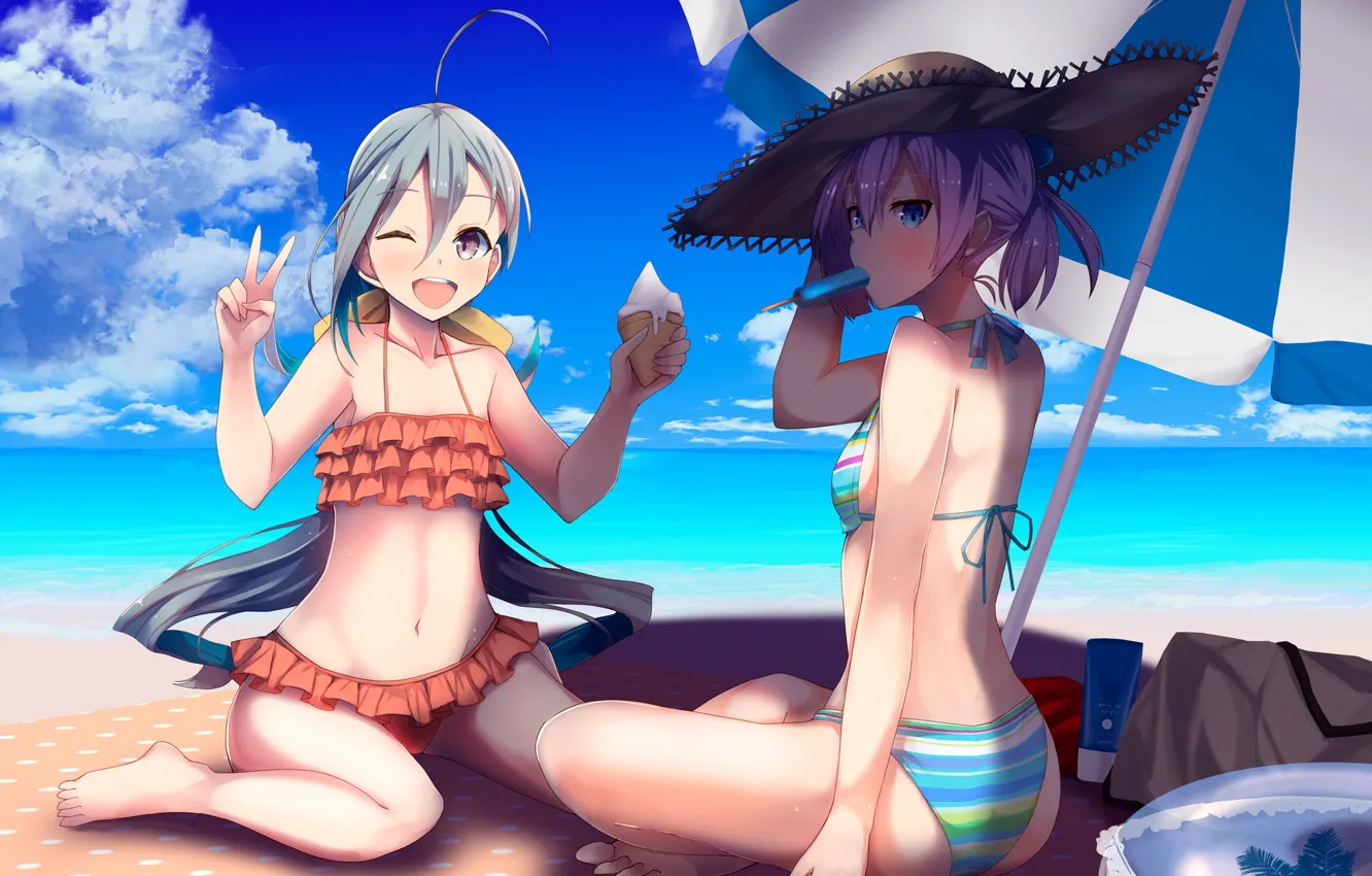Фото обои пляж, лето, девушки, зонт