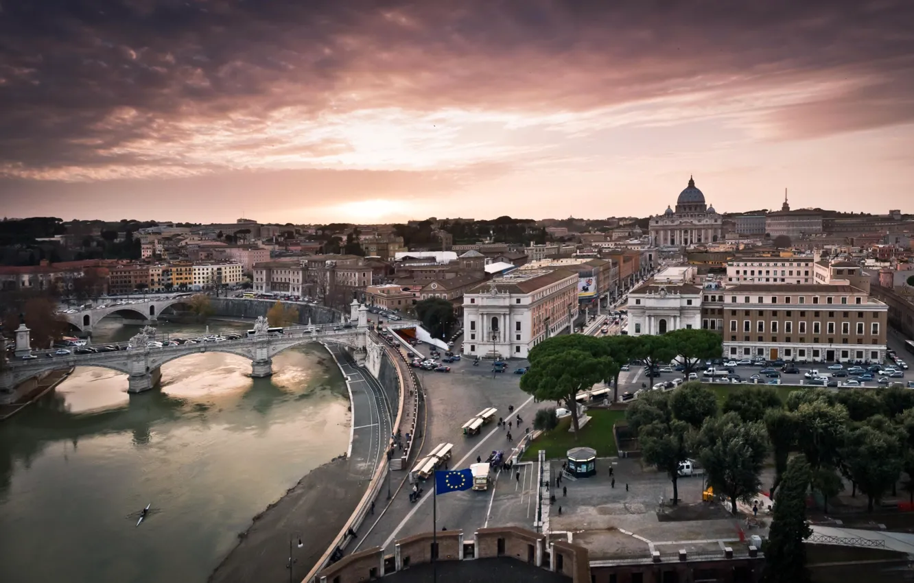 Фото обои река, Рим, Италия, панорама, Тибр
