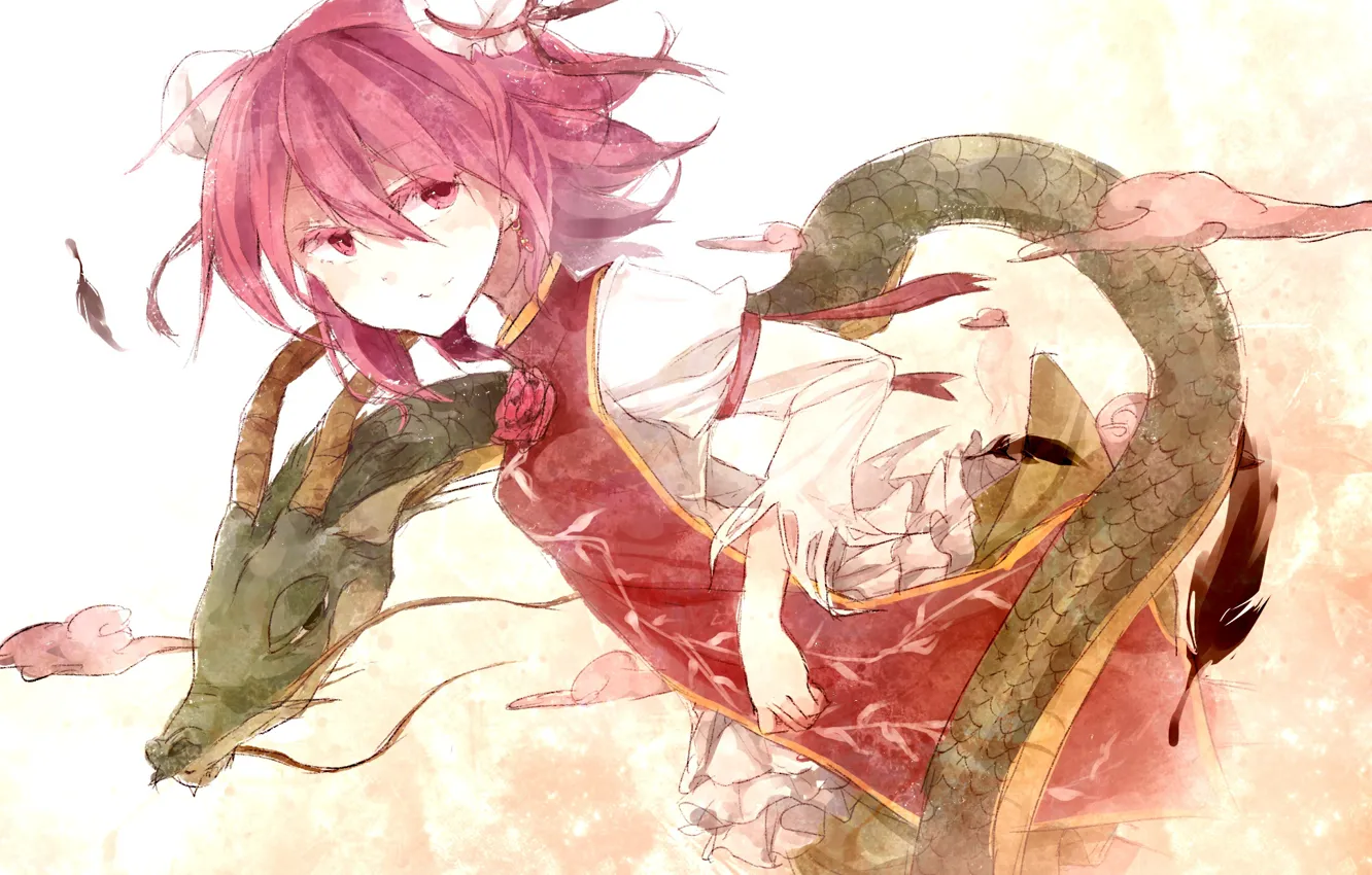 Фото обои дракон, перья, змей, рогатый, розовые волосы, розовые облака, Ibaraki Kasen, Touhou Project