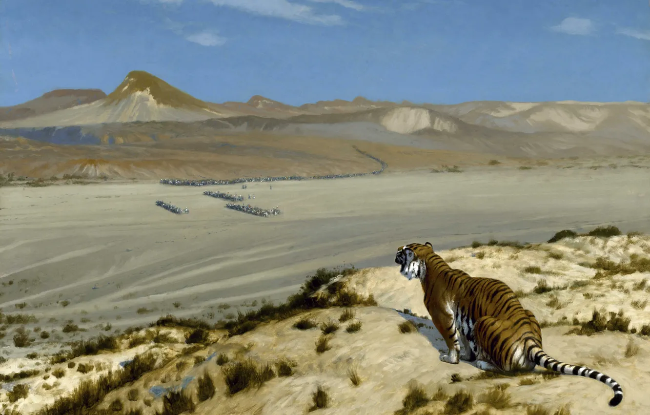 Фото обои кошка, пейзаж, картина, Жан-Леон Жером, Настороженный Тигр