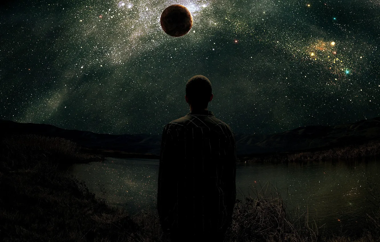 Фото обои небо, звезды, горы, озеро, планета, Человек