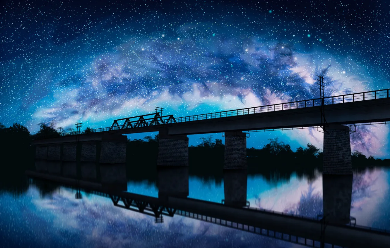 Фото обои небо, ночь, мост, отражение, река, железнодорожные пути, liwei191