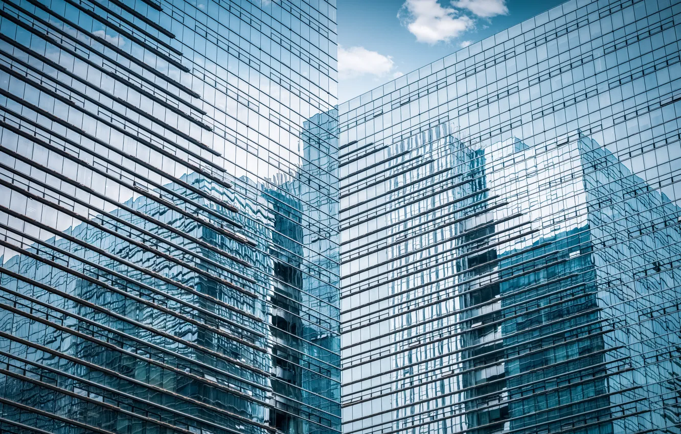 Фото обои стекло, город, отражение, здание, небоскреб