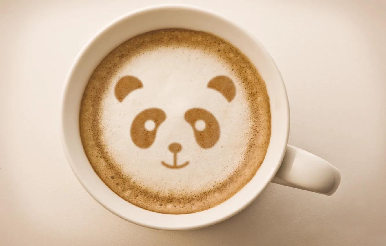 Фото обои фон, рисунок, кофе, панда, кружка, пенка