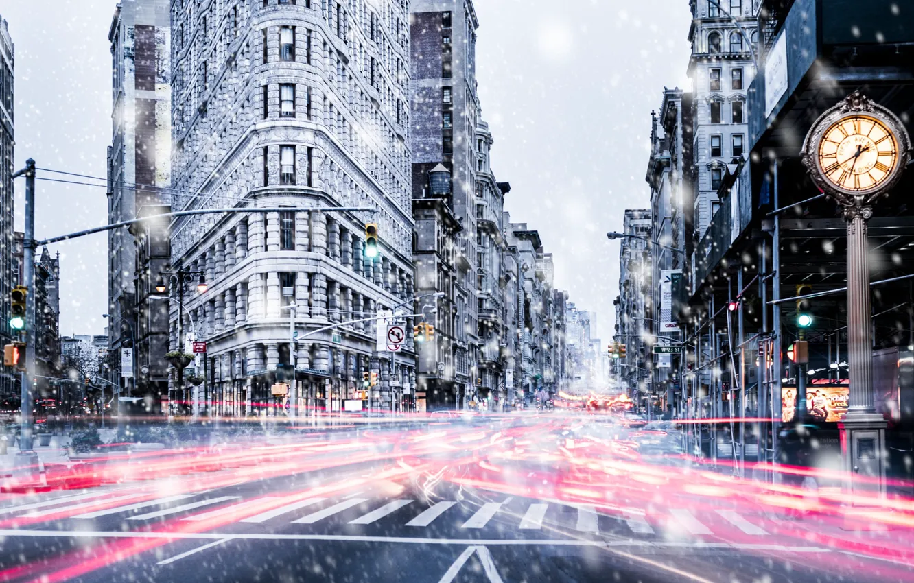 Фото обои свет, снег, город, улица, Манхеттен, США
